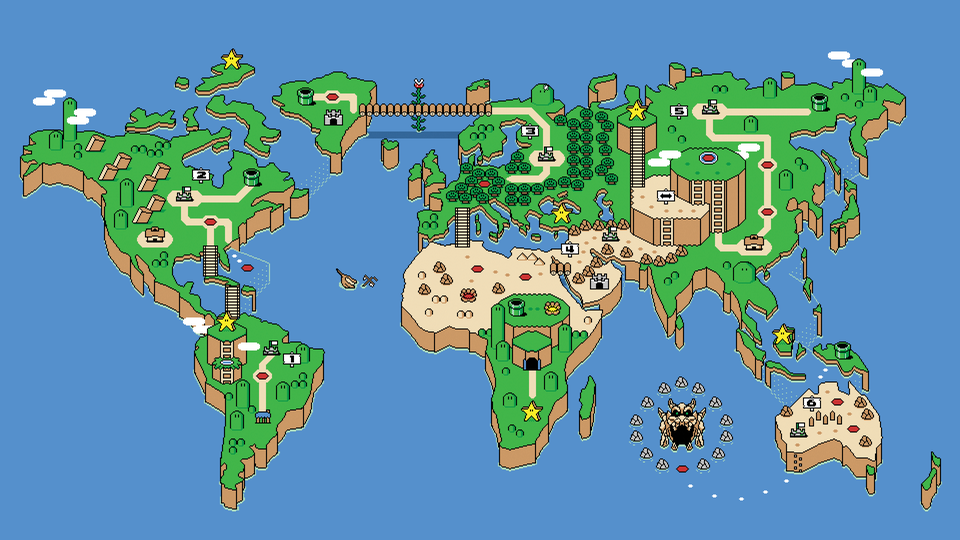 A illustration of Earth themed as the Super Mario World overworld.