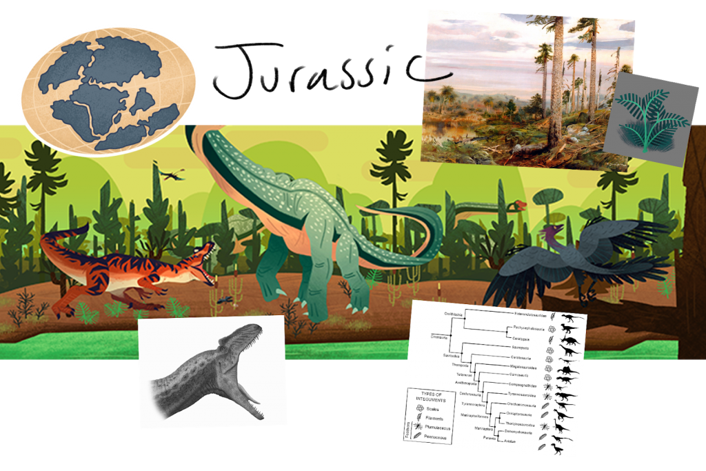 Various mood board assets alongside art from Mission to the Mesozoic