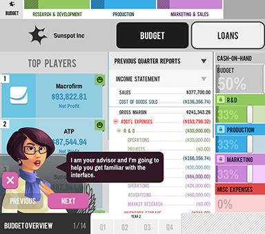 Gameplay screengrab of JA Titan. In the foreground, a woman wearing glasses says "I am your advisor and I'm going to help you get familiar with the interface." In the background, an interface shows tables with top players, previous quarter reports, and cash-on-hand.