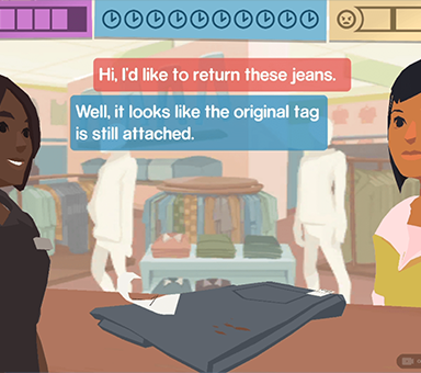 Gameplay screengrab of MSI Retail Sim. A customer says "Hi, I'd like to return these jeans," and a sales associate responds, "Well, it looks like the original tag is still attached."