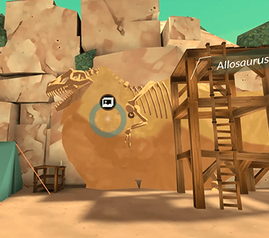 Gameplay screengrab of Dinosaurs from VR Explorations, featuring a dig site containing the bones of an allosaurus.
