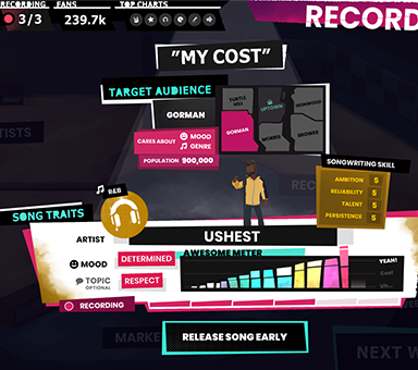 Gameplay screengrab of Beats Empire. An interface shows song traits, target audience, and songwriting skill.