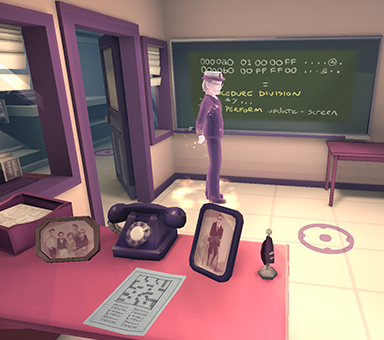 Gameplay screengrab of Breaking Boundaries. In the background, a scientist stands in front of a chalkboard full of equations, while the foreground, her red desk contains family pictures and a crossword puzzle.