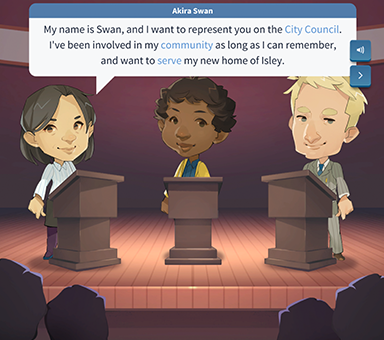 Gameplay screengrab of Cast Your Vote from iCivics. A character named Akira Swan says "My name is Swan, and I want to represent you on the City Council. I've been involved in my community as long as I can remember, and want to serve my new home of Isley."