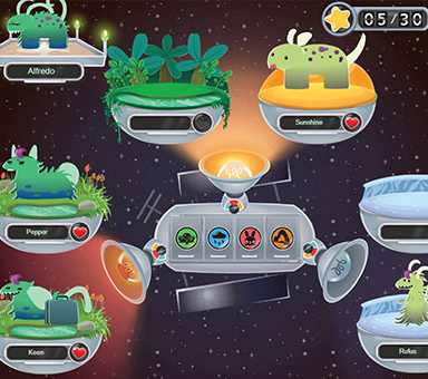 Gameplay screengrab of Cosmic Pet Pods from Inspire Science. Different pods float in space, each containing a different biome and alien creature.