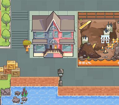 Gameplay screengrab of mPower Math. A character in a green dinosaur hat stands next to a half black, half red two-story house, with a construction site right next to it.
