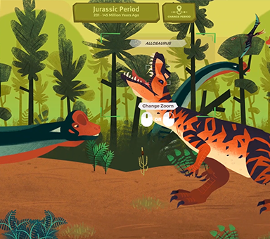 Gameplay screengrab of Mission to the Mesozoic. An orange and black dinosaur roars in the center, while a green and orange long-necked sauropod peeks at it from the left side.
