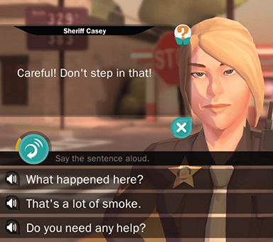 Gameplay screengrab of Project Colby. A blond-haired character named Sheriff Casey says, "Careful! Don't step in that!"