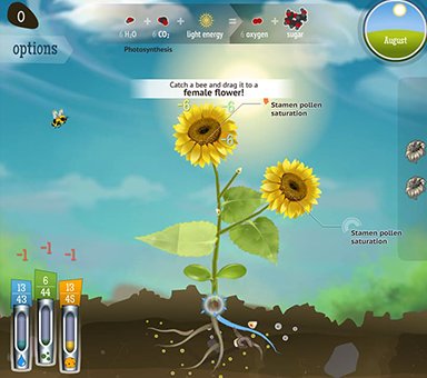 Gameplay screengrab of Reach for the Sun. A sunflower plant grows in the center, with a bee approaching it.