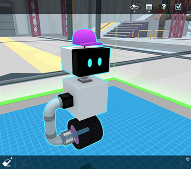 Gameplay screengrab of RoboCo, featuring a small robot wearing a purple baseball hat. It stands on one-wheel on a bright blue platform.