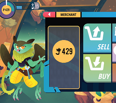 Gameplay screengrab of Robosellers. An owl-like creature with wings gestures towards an interface with "buy" and "sell" buttons.