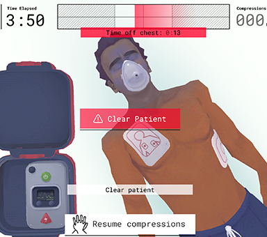 CPR simulation screengrab of Saving Lives! There is a choice to "clear patient" or "resume compressions."