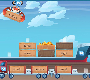 Gameplay screengrab of Crabby Crates from Scholastic W.O.R.D. A crab on a pulley hovers over a ship, loading it with boxes containing different words.