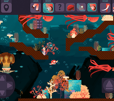 Gameplay screengrab of Morphy from Smithsonian Science. Morphy swims deep in the sea, surrounded by large squids, beds of coral, and other plants.