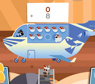 Gameplay screengrab of Take Off! Chickens load into an aircraft while an addition math problem hovers over the aircraft.