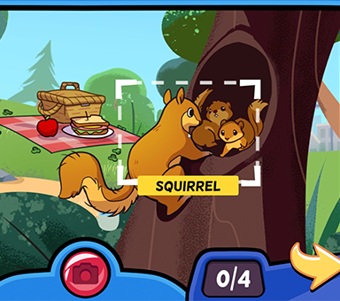 Gameplay screengrab of Super Seasons Snapshots from Twin Cities PBS. In the foreground, a squirrel visits its young in a hollowed out part of a tree trunk. In the background, there's a picnic blanket with a basket, sandwich, and apple.