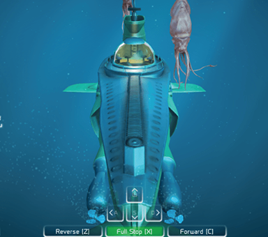 Gameplay screengrab of WaveQuest, featuring a submarine deep under the sea, with a couple of large squids nearby.