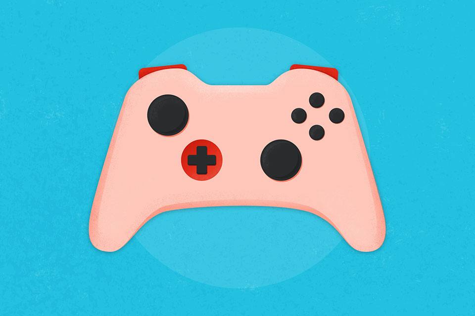 red video game controller on a blue background